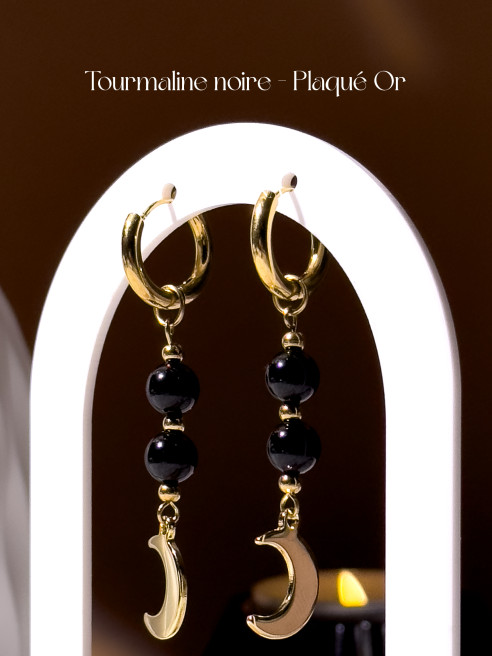 Boucles d'oreilles Luna - Obsidienne Noire - Plaqué Or 18k