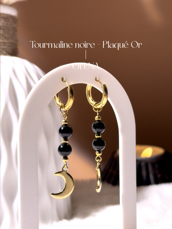 Boucles d'oreilles Luna - Obsidienne Noire - Plaqué Or 18k_Les boucles d'oreilles OLUNA_OLUNA_