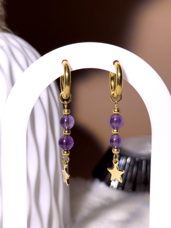 Créoles Améthyste Nora - Acier Inoxydable doré