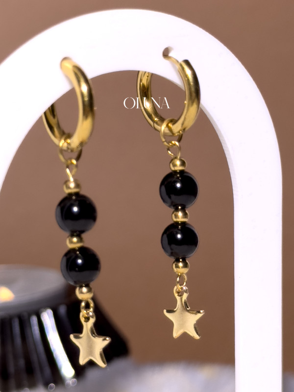 Créoles Obsidienne Noire - Acier inoxydable doré