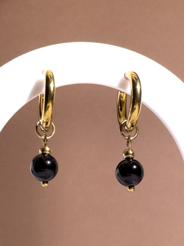 Créoles Obsidienne Clara - Acier inoxydable doré