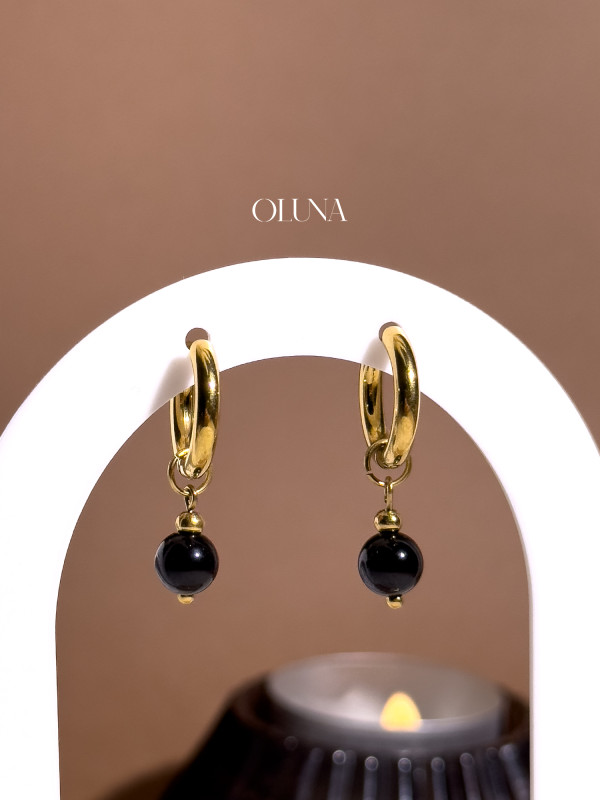 Créoles en Obsidienne Noire et en acier inoxydable finition Or 18K