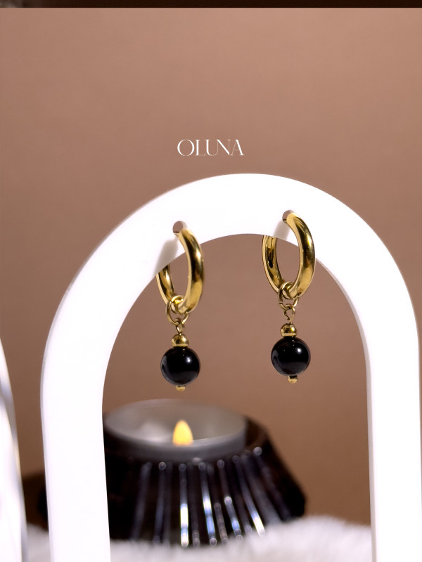 Créoles Obsidienne Clara - Acier inoxydable doré